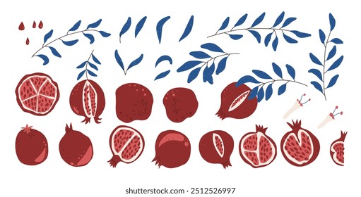 Conjunto de romãs. Ilustração de coleção plana desenhada à mão do vetor isolada no fundo branco.