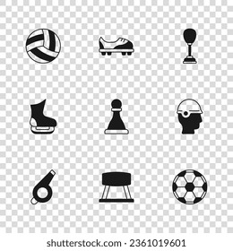 Set Pommel horse, Baseball helmet, Soccer football, Chess, Punching bag, Volleyball, Football shoes and Skates icon. Vector