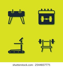 Set Pommel horse, Bench with barbell, Treadmill machine and Calendar fitness icon. Vector