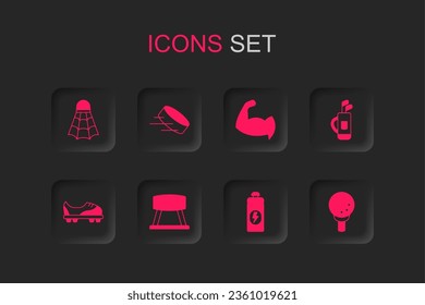 Set Pommel horse, Hockey puck, Badminton shuttlecock, Fitness shaker, Golf bag with clubs, ball tee, Bodybuilder showing his muscles and Football shoes icon. Vector