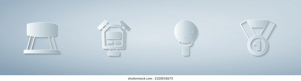 Set Pommel horse, Stopwatch, Golf ball on tee and Medal. Paper art style. Vector