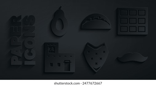Set Poncho, Chocolate bar, Mexican house, Mustache, Taco with tortilla and Avocado icon. Vector
