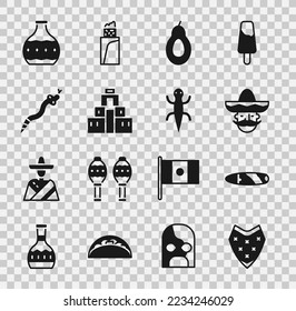 Set Poncho, Cigar, Mexican man sombrero, Avocado, Chichen Itza in Mayan, Snake, Tequila bottle and Lizard icon. Vector