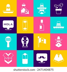 Set Poncho, Mexican man sombrero, Burrito, Hola,  and Tabasco sauce icon. Vector