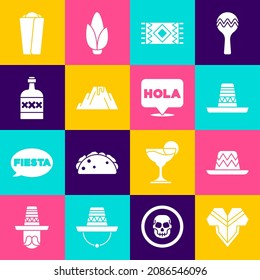 Set Poncho, Mexican sombrero, carpet, Volcano eruption with lava, Tequila bottle, Burrito and Hola icon. Vector