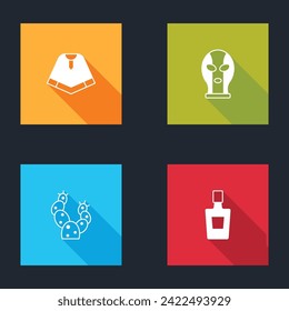 Set Poncho, Mexican wrestler, Cactus and Tequila bottle icon. Vector