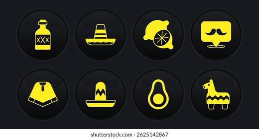 Set Poncho, Mustache, Mexican sombrero, Avocado fruit, Lime, Pinata and Tequila bottle icon. Vector