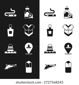 Definir Poncho, garrafa de tequila, charuto, com limão, sombrero mexicano, Burrito e ícone de pistolas Vintage. Vetor