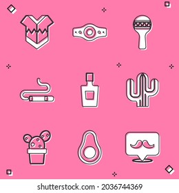 Set Poncho, Wrestling championship belt, Maracas, Cigar, Tequila bottle, Cactus, or succulent pot and Avocado fruit icon. Vector