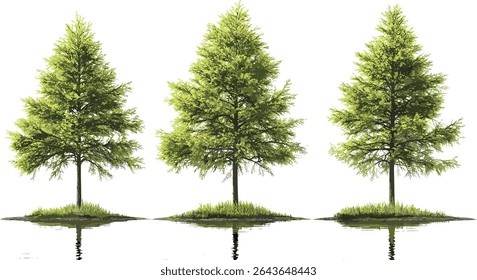 Conjunto de ciprestes de lagoa Taxodium ascendens, recorte frontal isolado, ilustração vetorial, habitat de pântano, vegetação de planície inundável, ecossistema de zonas úmidas, árvore de coníferas evergreen.