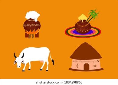 set of Pongal objects represents tradition of south India vector contains cow, hut, Pongal pot, Rangoli, sugar cane illustration.