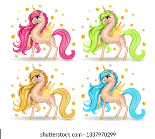 Set of Pony Unicorn Collection, Big Eyes and Multicolored Long Hair (Mane, Tail), Golden Horn, Stars, Hooves, Feather Yellow Wings, Cartoon Character Hand Drawn, Realistic Vector 3D Illustration