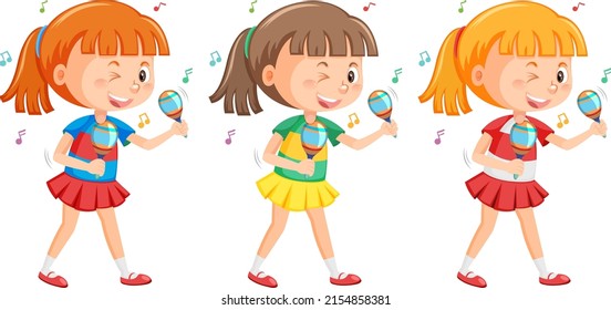 Set of ponytail girl playing maracas illustration