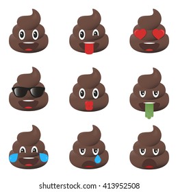 Set Of Poo Icons. Shit Emoticons. Poop Emoji Faces Isolated. 