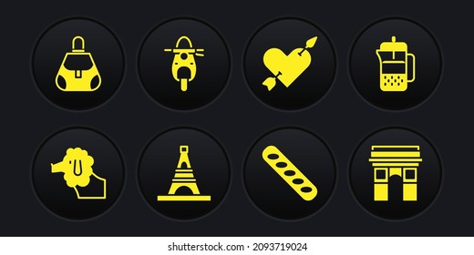 Set Poodle dog, French press, Eiffel tower, baguette bread, Amour with heart and arrow, Scooter, Triumphal Arch and Handbag icon. Vector