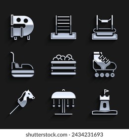 Set Pool with balls, Attraction carousel, Sand tower, Roller skate, Toy horse, Bumper, Bungee and Kid playground slide pipe icon. Vector