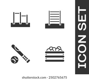 Set Pool with balls, Horizontal bar, Baseball bat and Swedish wall icon. Vector