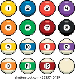 Set of pool balls. Vector set of billiard pixel balls.