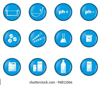 Set Of Pool And Garden Pond Chemicals Icons. Glossy Blue Buttons.