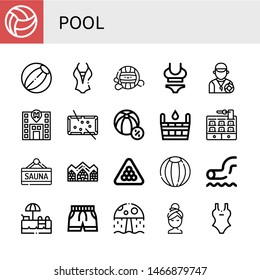 Set of pool icons such as Beach ball, Swimsuit, Waterpolo, Lifeguard, Hotel, Pool, Sauna, Hotel de glace, Billiard, Waterpark, Swimming pool, Water park, Relax ,