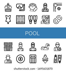 Conjunto de iconos de grupo. Como Sauna, Traje para nadar, Máscara de buceo, Piscina, Salvavidas, Piezas de baño, Bañera, Bienestar Inmobiliario, Billar, Floats, Hotel, Aire Acondicionado, Iconos de la piscina