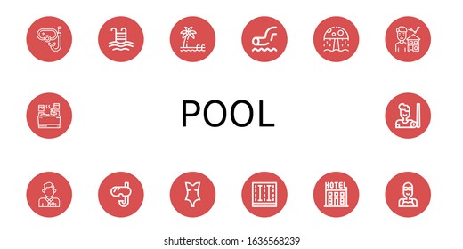 Set of pool icons. Such as Snorkel, Pool, Waterpark, Water park, Estate agent, Lifeguard, Swimsuit, Swimming pool, Hotel, Swimmer, Sauna, Billiard , icons