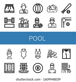 Set of pool icons. Such as Swimsuit, Hydrotherapy, Lifeguard, Sauna, Beach ball, Water polo, Swimmer, Doorman, Baseball ball, Billiard, Relax, Swimming pool, Hotel , pool icons