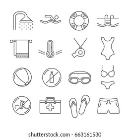 Set of pool Related Vector Line Icons. Includes such Icons as swimming, goggles, whistle, bathing suit, flip-flops, shorts, shower, towel, bikini, beach, sea