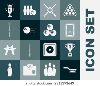 Ponga el cepillo de mesa de billar, la copa de premio, el billar, las pistas de billar cruzadas y la bola, el boliche y el icono. Vector