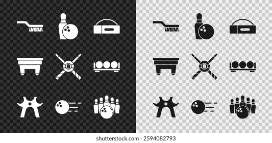 Set Pool table brush, Bowling pin and ball, Case for billiard cue, Billiard rest,  and Crossed cues icon. Vector