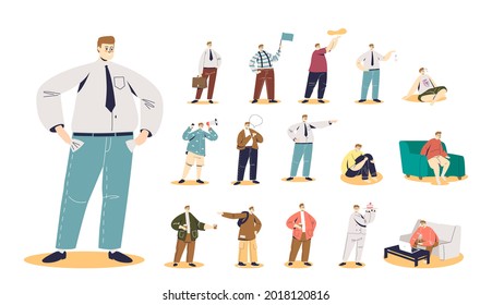 Set of poor businessman with empty pockets in different lifestyle situations and poses: working from home, drinking coffee to go, messaging in smartphone. Cartoon flat vector illustration