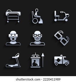 Set Poor eyesight, Elevator for disabled, Emergency car, Eyeglasses, Treadmill machine, Head of deaf and dumb, Electric wheelchair and Stretcher icon. Vector