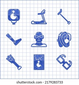Set Poor eyesight, Separated toilet for disabled, Eyeglasses, Hearing aid, Prosthesis leg, Walking stick cane and Disabled wheelchair icon. Vector