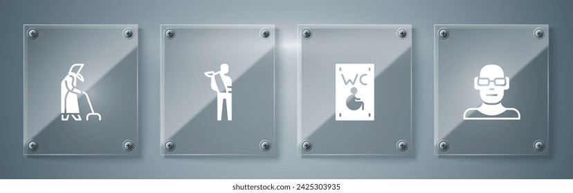 Vista pobre, inodoro separado para discapacitados, brazo roto humano y abuela. Paneles de vidrio cuadrado. Vector
