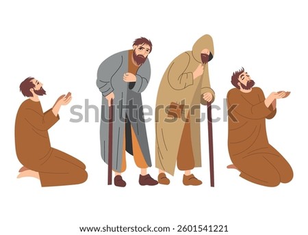 A set of poor people. Sick poor people with a cane in torn clothes ask for alms.