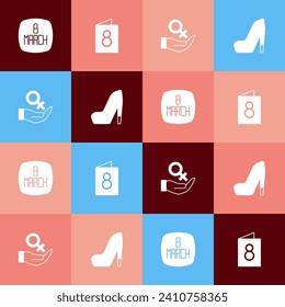 Set pop art 8 March, Greeting card with, Female gender symbol and Woman shoe icon. Vector