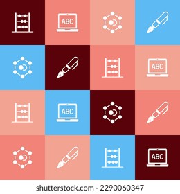 Set pop art Abacus, Laptop, Molecule and Fountain pen nib icon. Vector