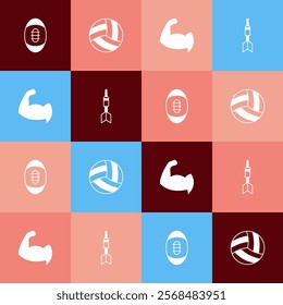 Set pop art American Football ball, Volleyball, Bodybuilder showing his muscles and Dart arrow icon. Vector