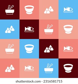 Set pop art Asian noodles in bowl, Soy sauce, Zongzi bamboo steamer and Served fish plate icon. Vector