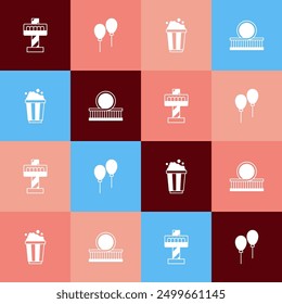 Set pop art Attraction carousel, Balloons with ribbon, Popcorn in cardboard box and Roller coaster icon. Vector