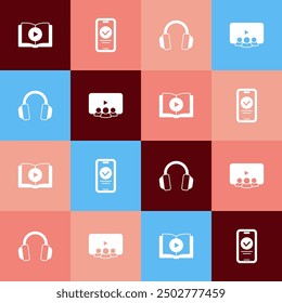 Set pop art Libro de audio, concurso en línea, prueba, Encuesta, auriculares y el icono de la clase. Vector