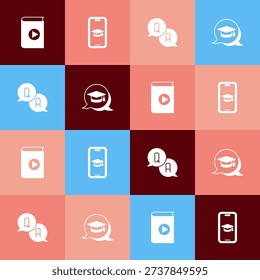 Set pop art Audio book, Graduation cap on mobile, Question and Answer and in speech bubble icon. Vector