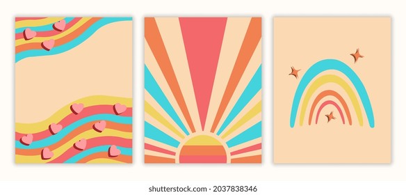 Conjunto de antecedentes de arte pop. Afiches retro abstractos con sol, olas, arcos y corazones. Elementos de diseño para postales y decoración de pared. Colección vectorial plana de dibujos animados aislada sobre fondo blanco