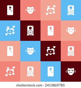 Set pop art Backstage, Drama theatrical mask, Romantic movie and Stereo speaker icon. Vector