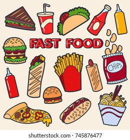 Set of pop art badges. Fast food. 