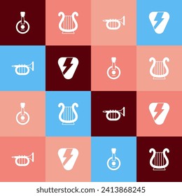 Set pop art Banjo, Ancient Greek lyre, Trumpet and Guitar pick icon. Vector