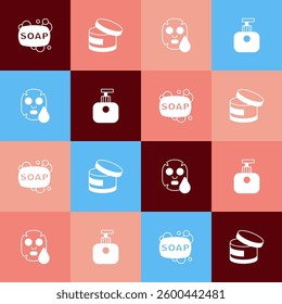 Set pop art Bar of soap, Cream or lotion cosmetic tube, Facial mask and Tube hand cream icon. Vector
