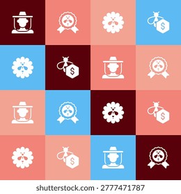 Set pop art Beekeeper with protect hat, Best bee, on flower and Sale of bees icon. Vector