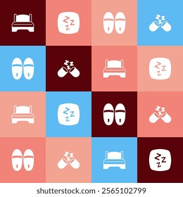 Set pop art Big bed, Sleepy, Slippers and Sleeping pill icon. Vector