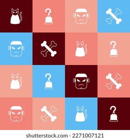 Set pop art Black cat, Pirate hook, Frankenstein face and Crossed bones icon. Vector